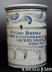 Prime Butter, Extremely Rare PRIME BUTTER / LAUREL, POINT, W. VA Stoneware Advertising Crock, circa 1875, Stoneware