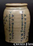 A.P. Donaghho, Very Unusual A. P. DONAGHHO / PARKERSBURG, W. VA Stoneware Jar w/ Profuse Maker's Stenciling