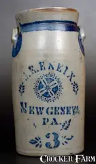 J.E. Eneix, J. E. ENEIX / NEW GENEVA, PA Stoneware Churn with Stenciled Decoration, circa 1875, Stoneware