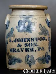 & Son, Rare S. JOHNSTON, / & SON. / BEAVER, PA Stoneware Jar w/ Cobalt Floral Decoration, circa 1870, Stoneware