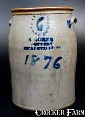 S. Jones Pottery, Rare 6 Gal. S. JONES POTTERY / NICKLEVILLE, PA Stoneware Jar Dated 1876, 1876, Stoneware