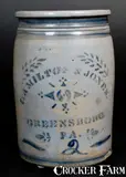 2 Gal. HAMILTON & JONES / GREENSBORO, PA Stoneware Jar w/ Stenciled Decoration by Hamilton & Jones, circa 1875, Stoneware, sold Oct 2016