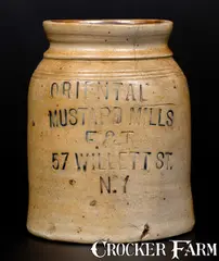 Willett St, Unusual ORIENTAL MUSTARD MILLS / 57 WILLETT ST. / N.Y. Stoneware Advertising Jar, second half 19th century, Stoneware