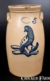 J. Burger Jr, Fine J. BURGER JR. / ROCHESTER, NY Stoneware Churn w/ Slip-Trailed Bird Decoration