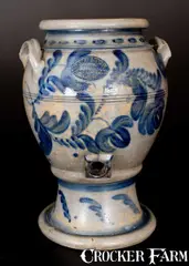Hamilton, Outstanding HAMILTON / GREENSBORO, PA 6 Gal. Pedestal Cooler w/ Elaborate Decoration, circa 1860, Stoneware