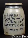 A. Conrad, A. CONRAD / NEW GENEVA / FAYETTE CO., PA Stoneware Wax Sealer Canning Jar, circa 1875, Stoneware