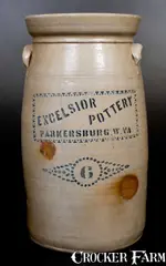 Excelsior Pottery, 6 Gal. EXCELSIOR POTTERY / PARKERSBURG, W. VA Stoneware Churn w/ Stenciled Decoration, circa 1880, Stoneware