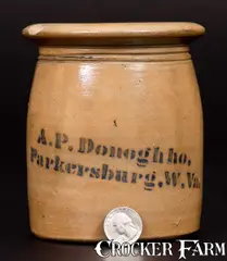 Rare Misspelled "A. P. Donoghho / Parkersburg, W. Va." Small Stoneware Canning Jar by A. P. Donoghho, circa 1875, Stoneware, sold Jul 2016
