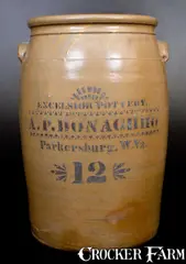 Excelsior Pottery, 12 Gal. EXCELSIOR POTTERY / A. P. DONAGHHO / Parkersburg, W. Va. Stoneware Jar, circa 1880, Stoneware