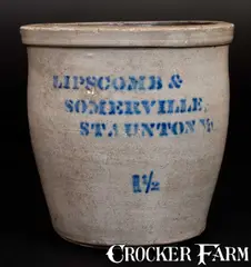 Lipscomb & Somerville, LIPSCOMB & SOMERVILLE / STAUNTON, Va Stoneware Cream Jar att. A. P. Donaghho, circa 1880, Stoneware