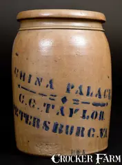 China Palace, CHINA PALACE / C. G. TAYLOR / PETERSBURG, VA Stoneware Jar att. A. P. Donaghho, circa 1880, Stoneware
