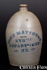 John Matthews, Very Rare JOHN MATTHEWS / SYRUP DEPARTMENT / N.Y. Western PA Advertising Jug, circa 1875, Stoneware