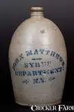 John Matthews, Very Rare JOHN MATTHEWS / SYRUP DEPARTMENT / N.Y. Western PA Advertising Jug, circa 1875, Stoneware