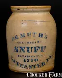F.H. Cowden, Fine F. H. COWDEN / HARRISBURG, PA DEMUTH'S SNUFF / LANCASTER Stoneware Jar, circa 1880, Stoneware