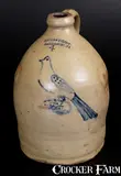 Fine 4 Gal. COWDEN & WILCOX / HARRISBURG, PA Stoneware Bird Jug by Cowden & Wilcox, circa 1865, Stoneware, sold Jul 2016