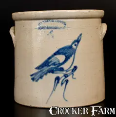 Ottman Bro, 4 Gal. OTTMAN BRO'S / FORT EDWARD, NY Stoneware Crock w/ Bird on Stump, circa 1875, Stoneware