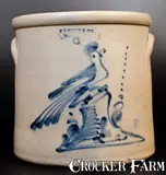 F. T. Wright & Son, 6 Gal. F. T. WRIGHT & SON / TAUNTON, MASS Crock w/ Fine Bird on Stump, circa 1870, Stoneware