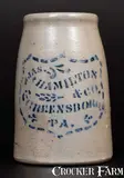 Jas. Hamilton & Co., JAS. HAMILTON & CO. / GREENSBORO, PA Stoneware Canning Jar w/ Stenciled Shield, circa 1875, Stoneware