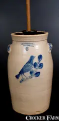 E. W. Farrington, Rare 6 Gal. E. W. FARRINGTON / ELIMIRA, NY Stoneware Bird Churn w/ Molded Handles, circa 1880, Stoneware