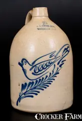 F. B. Norton Sons, F.B. NORTON SONS / WORCESTER MASS Stoneware Jug w/ Large Cobalt Dove Decoration, circa 1880, Stoneware