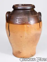 Unusual Iron-Dipped Stoneware Jar with PEARL STREET / NEW YORK Druggist's Advertising by Pearl Street, circa 1830, Stoneware, sold Mar 2016