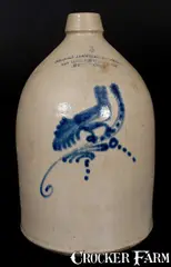 Greenwich St, Unusual GREENWICH ST. / NEW YORK Advertising Stoneware Jug w/ Bird Decoration, circa 1880, Stoneware