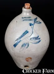 N. Clark, Very Rare N. CLARK / ATHENS Stoneware Jug Cooler with Incised Bird Decoration, circa 1820, Stoneware