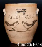 Clark & Fox, Unique CLARK & FOX / ATHENS, NY Stoneware Jar w/ Cobalt Chickens Inscribed "JACK / JILL", circa 1829-1838, Stoneware