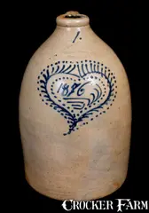 Haidle & Zipf, Rare HAIDLE & ZIPF / NEWARK, NJ Stoneware Jug Dated 1876 in Elaborate Heart, 1876, Stoneware