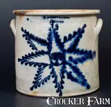 T. Harrington, Fine 4 Gal. T. HARRINGTON / LYONS Stoneware Crock with Slip-Trailed Starface Decoration, circa 1860, Stoneware