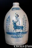 J. C. Waelde, Exceptional J.C WAELDE. / NORTH. BAY Stoneware Jug w/ Stenciled Cobalt Deer Decoration