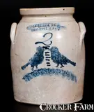 J. C. Waelde, Rare J.C. WAELDE / NORTH BAY (New York) Stoneware Jar w/ Stenciled Cobalt Double-Bird Decoration
