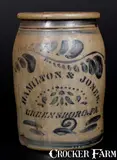 HAMILTON & JONES / GREENSBORO, PA Stoneware Jar w/ Stenciled and Freehand Decoration by Hamilton & Jones, circa 1875, Stoneware, sold Mar 2016