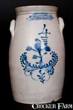 J. C. Waelde, Rare J.C. WAELDE. / NORTH.BAY, NY Four-Gallon Stoneware Churn w/ Cobalt Floral Decoration