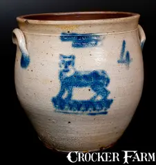 Webster & Bergen, Extremely Rare WEBSTER & BERGEN / NORTH BAY Stoneware Jar w/ Stenciled Cobalt Cat Decoration, circa 1850, Stoneware