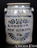 A. Conrad, Exceptional A. CONRAD / NEW GENEVA, PA Crock Inscribed "J. G. Shibler / March 29th '71 / Gorb", 1871, Stoneware