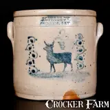 J. C. Waelde, Rare "J.C. WAELDE / NORTH BAY Stoneware Crock w/ Stenciled Cobalt Deer Decoration
