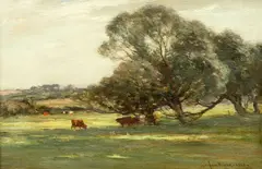 Country Landscape With Cattle Grazing by Owen Bowen, 1928, Oil on board, sold May 2023
