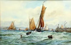 Robert Malcolm Lloyd, Boats Going Past The Harbour, 1884, Watercolour
