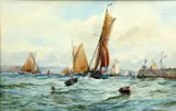 Robert Malcolm Lloyd, Boats Going Past The Harbour, 1884, Watercolour