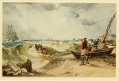 Samuel Owen, Fishermen Rowing Out To Sea, Watercolour