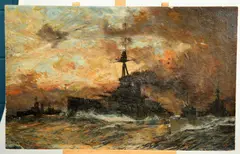 Charles Dixon, Warships In Stormy Seas, Oil on canvas laid to board