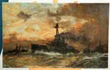 Charles Dixon, Warships In Stormy Seas, Oil on canvas laid to board