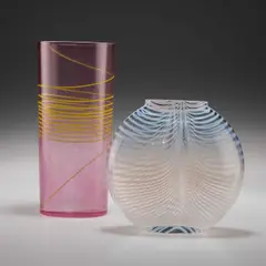 Kosta, Bertil Vallien For Kosta Boda, Two Art Glass Vases, glass vase, of oval cylindrical form with yellow trailing decoration