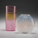 Kosta, Bertil Vallien For Kosta Boda, Two Art Glass Vases, glass vase, of oval cylindrical form with yellow trailing decoration