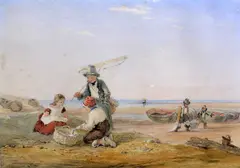 William Collins, Fisherboys And A Young Shrimper On The Coast, Pencil and watercolour with touches of bodycolour and with scratching out
