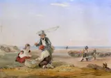 William Collins, Fisherboys And A Young Shrimper On The Coast, Pencil and watercolour with touches of bodycolour and with scratching out