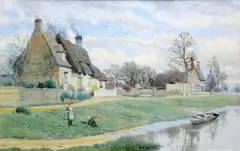 William Fraser Garden, A Village Scene On The River Bank, 1909, Watercolour