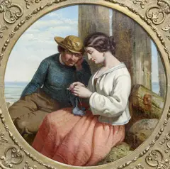 James Stokeld, Darning, Fisherfolk Scene, 1863, Oil on canvas Christies stencil verso