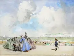John S. Goodall, A Pair Of Beach Scenes, Pencil and watercolour heightened in white